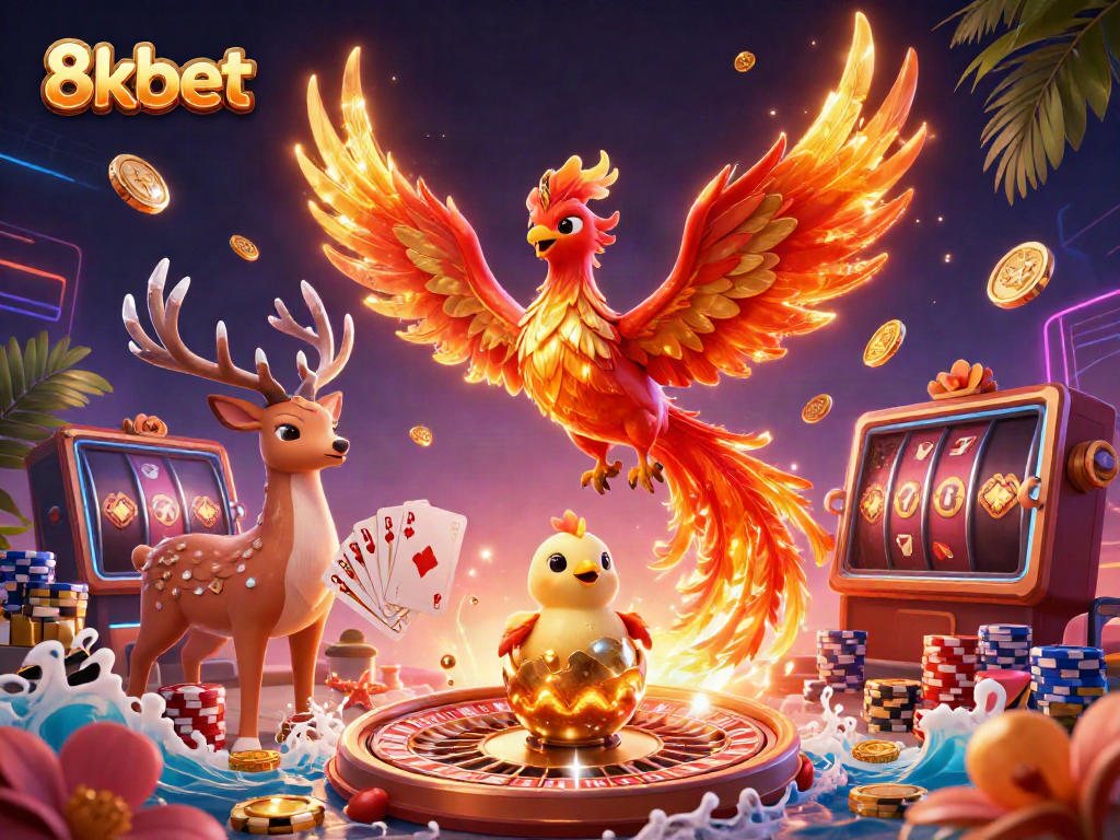 Experience the excitement of 8xbet with a vibrant casino-themed illustration featuring a phoenix and gaming elements.
