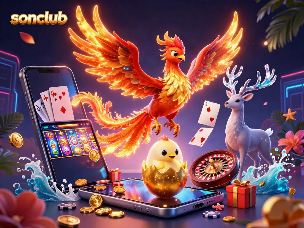 Experience thrilling gaming action at sonclub with lush visuals of a phoenix and exciting casino elements.