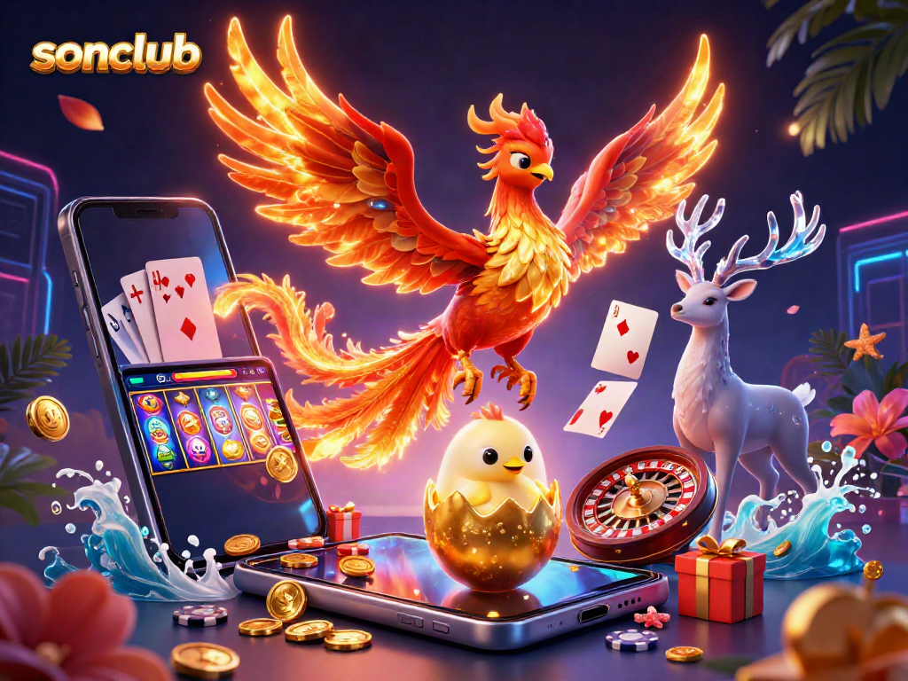 Experience thrilling gaming action at sonclub with lush visuals of a phoenix and exciting casino elements.