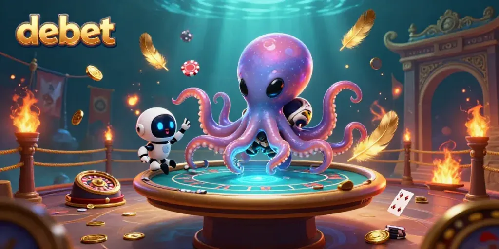 Experience thrilling poker games at debet with a vibrant octopus character and exciting casino elements.