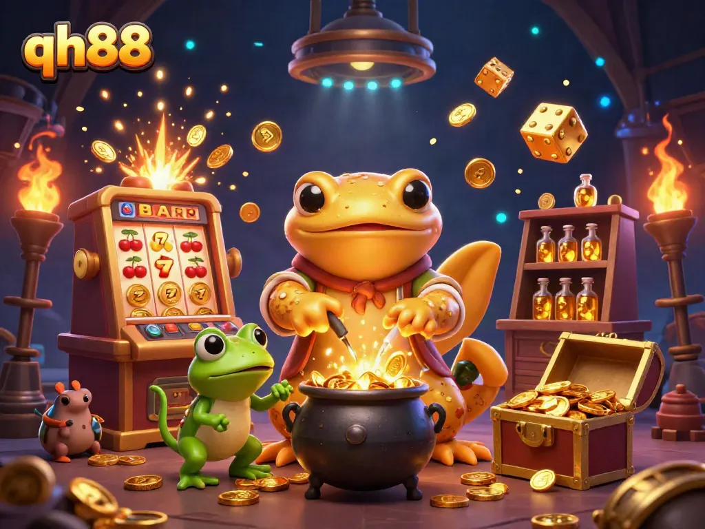 Experience the magical world of qh88 casino with vibrant illustrations of alchemical adventures and slot machines.