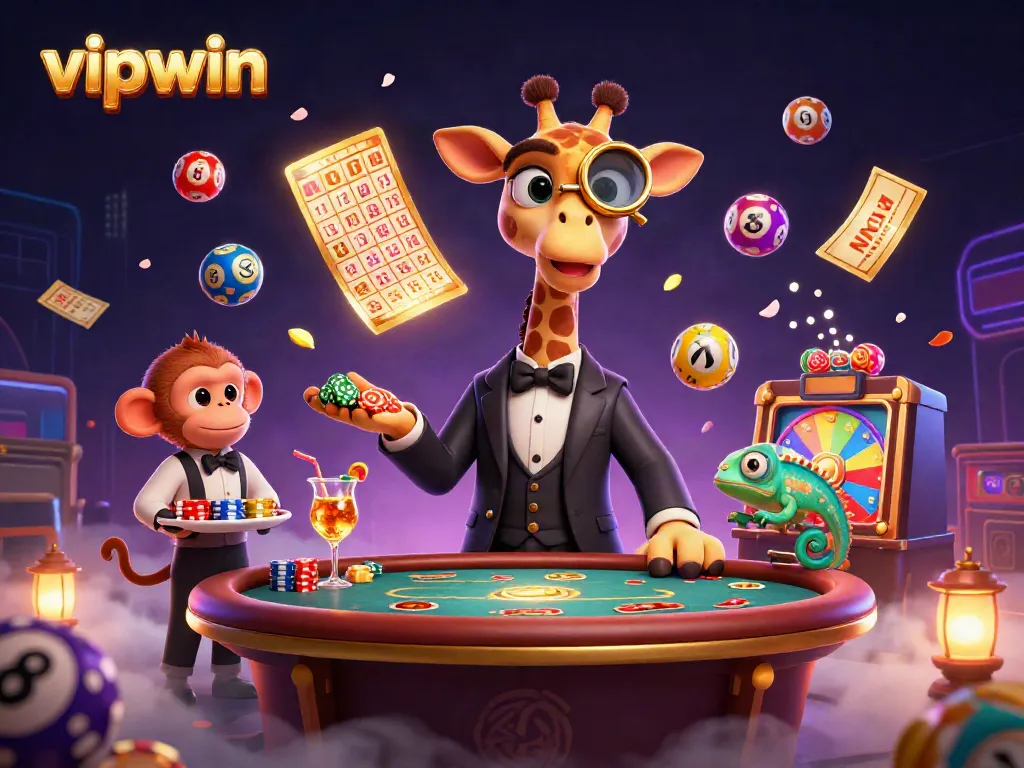 Experience the excitement of vipwin with a high-roller giraffe, monkey valet, and chameleon bartender in a lively casino scene.