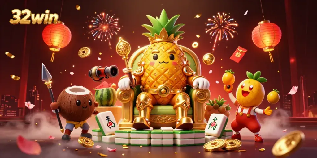Engage with 32win's vibrant beach casino featuring the golden pineapple king, jester, and coconut guards in action.