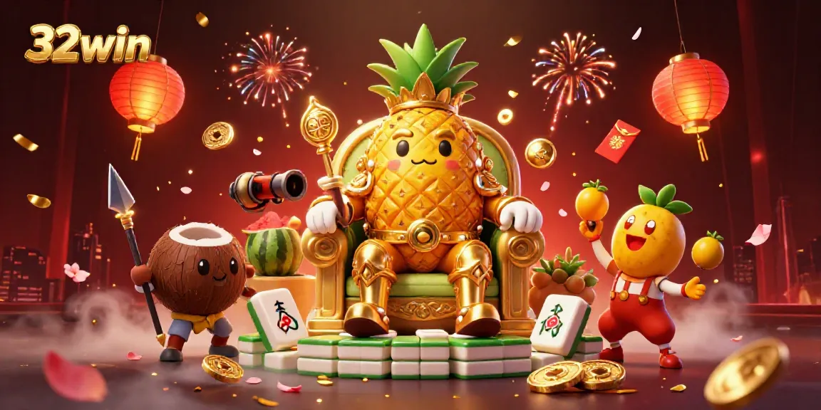 Engage with 32win's vibrant beach casino featuring the golden pineapple king, jester, and coconut guards in action.