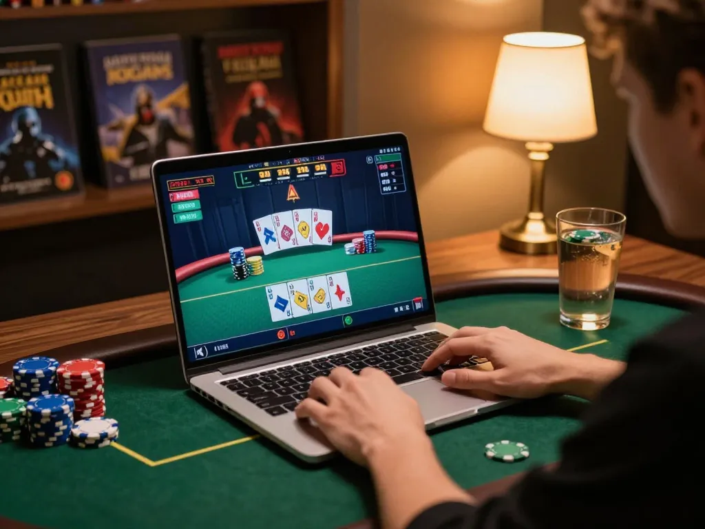 Engaging in online poker with emailcopyguru at a cozy gaming setup featuring laptop screen action.