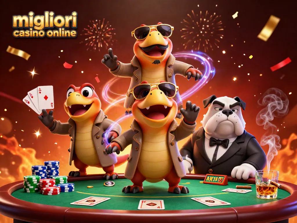 I migliori casinò online sono rappresentati da tre raptors, travestiti, in un casinò mentre giocano a poker.