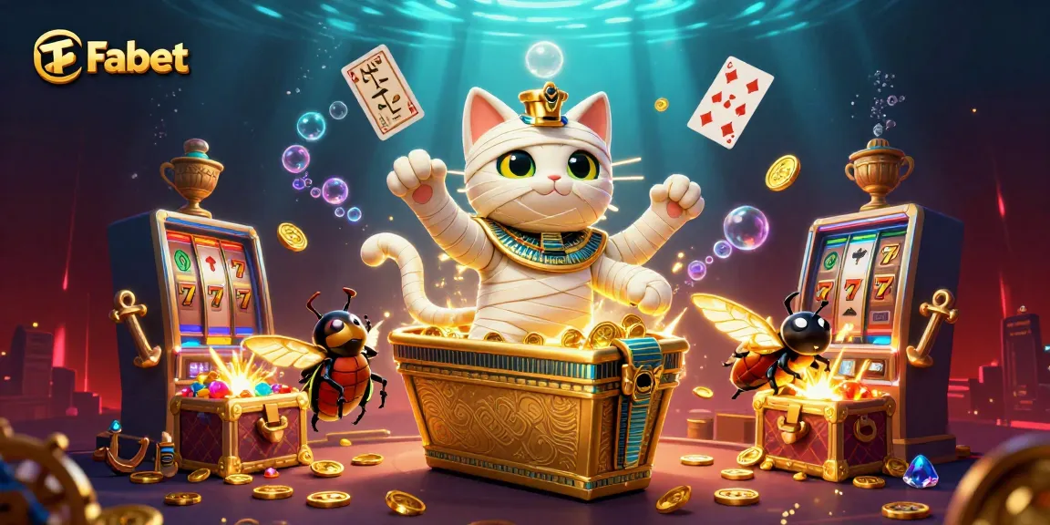 Engage with Fabet's thrilling casino adventure featuring a cartoon Egyptian mummy cat and slot machines.