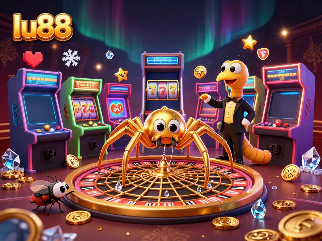 Engage in thrilling slots gameplay with lu88's cartoon scene featuring a golden spider and lively arcade elements.