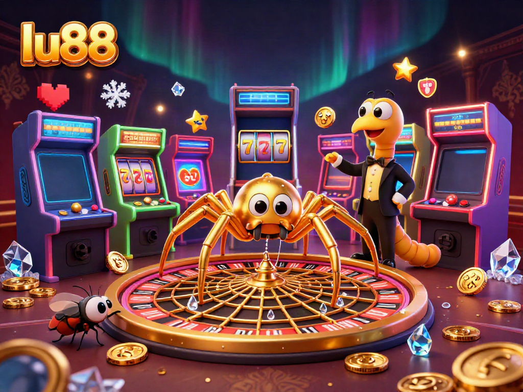 Engage in thrilling slots gameplay with lu88's cartoon scene featuring a golden spider and lively arcade elements.