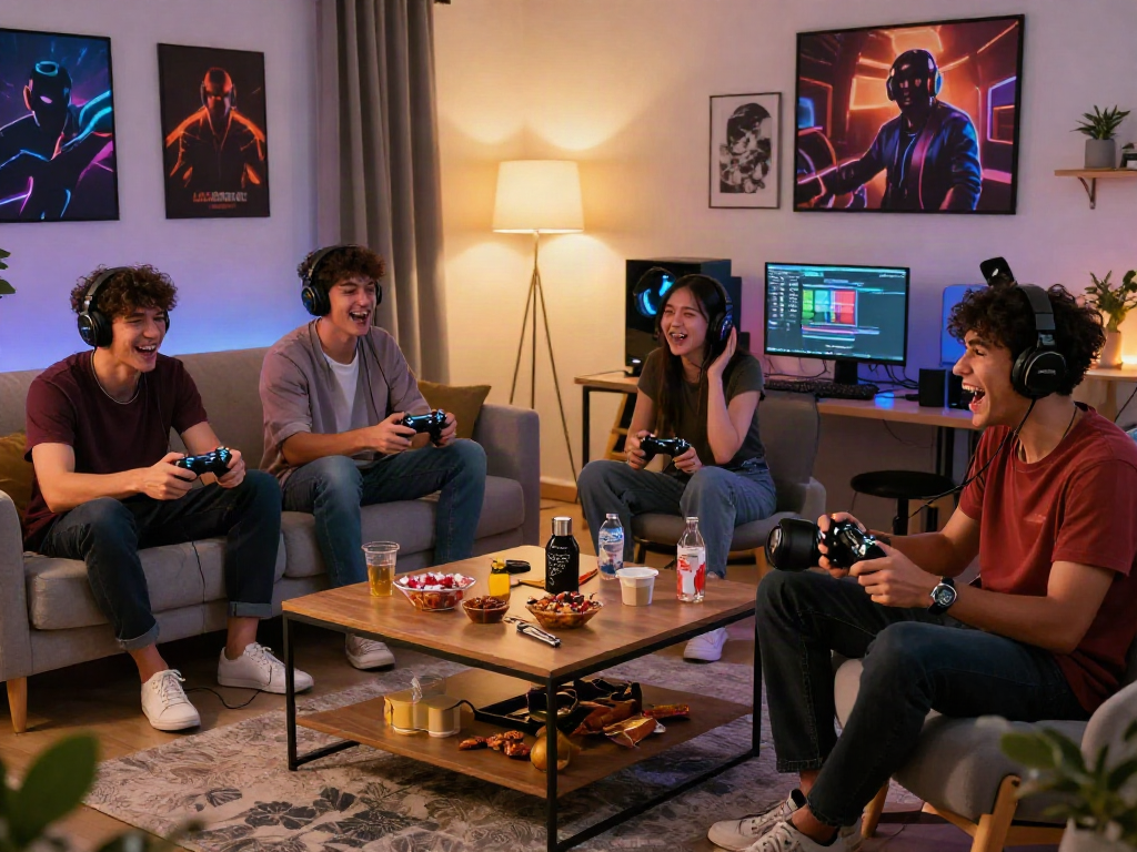 Friends enjoying gaming session with QQMacan in a cozy living room.