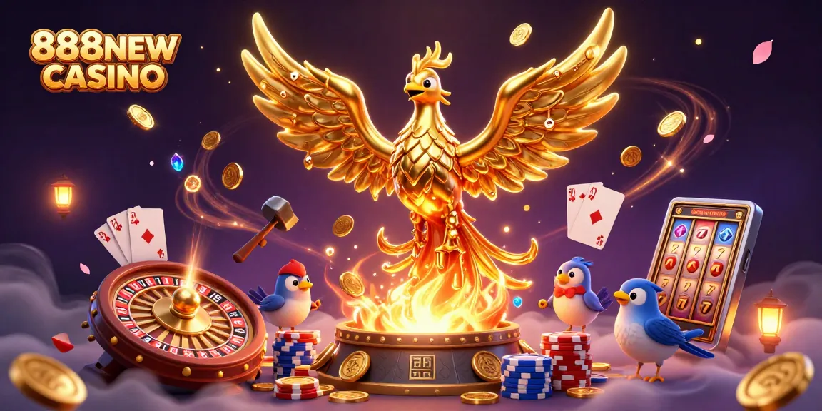Engage with 888NEW CASINO featuring dynamic 3D illustration of golden phoenix and gaming elements.