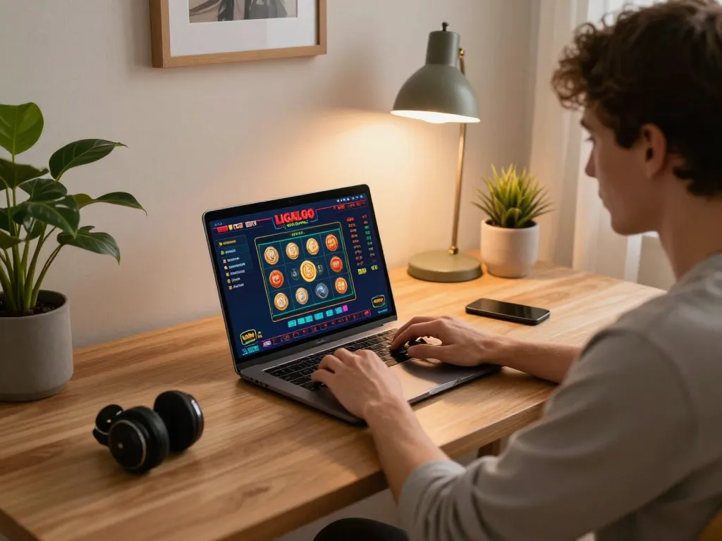 Player engaging with shopshela's online casino using laptop, showcasing scatter bonus features in a warm home setting.