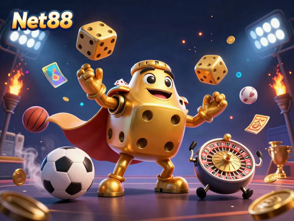 Engage with Net88 through thrilling 3D casino action, featuring golden dice and dynamic sports elements.
