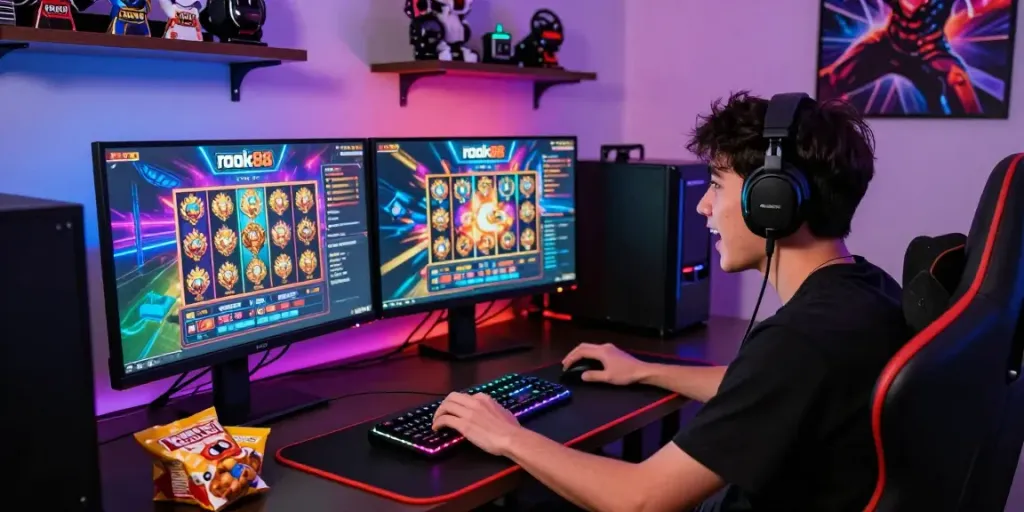 Exciting player engaged with rokok88 slot on a vibrant gaming setup, showcasing immersive graphics and LED lighting.