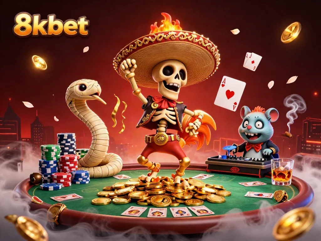 Experience the thrill of 8xbet with a vibrant 3D casino illustration showcasing a festive victory scene.