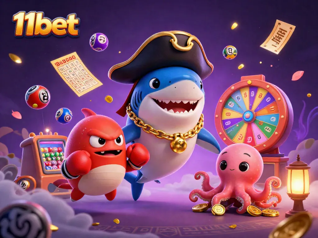 Engage in thrilling fun at 11bet with a cartoon shark and vibrant game elements around.