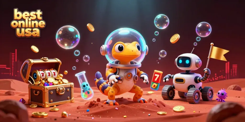 Celebrate winning at the best online casino USA with an engaging scene featuring a Martian gecko and golden treasures.