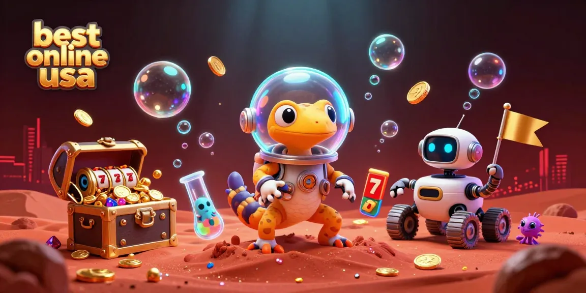 Celebrate winning at the best online casino USA with an engaging scene featuring a Martian gecko and golden treasures.