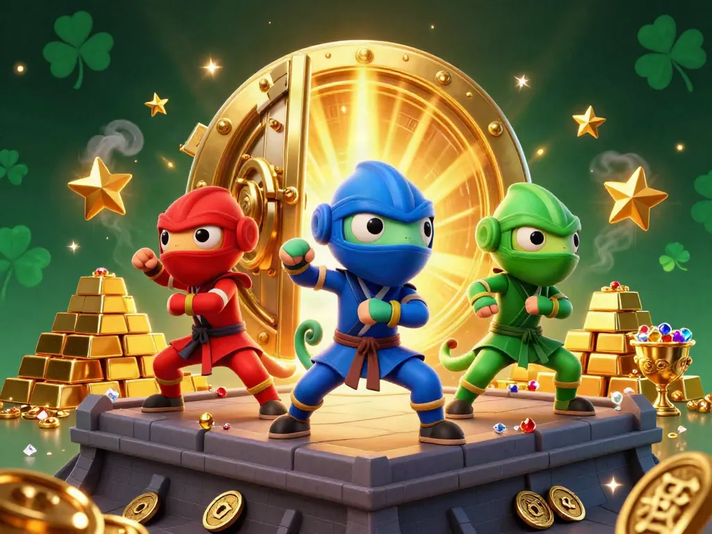 Experience exciting action with fabet's ninja chameleon team in a vibrant casino-themed illustration.