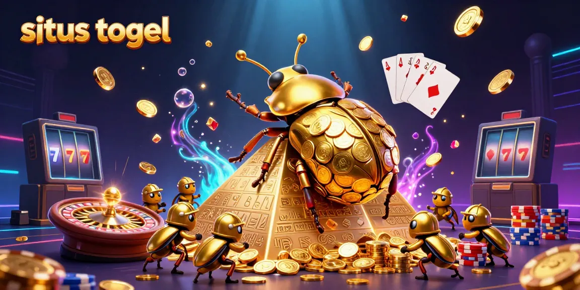 Engage with situs togel in a vibrant 3D casino scene full of gold coins and playful beetles.