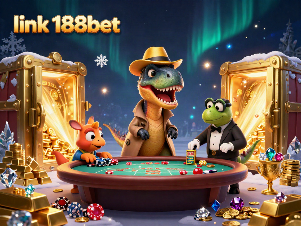 Experience thrilling gameplay with the link 188bet in a vibrant 3D casino scene featuring animated dinosaurs!