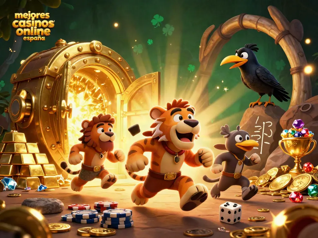 Evaluar los mejores casinos online en España en una colorida escena de casino prehistórico.