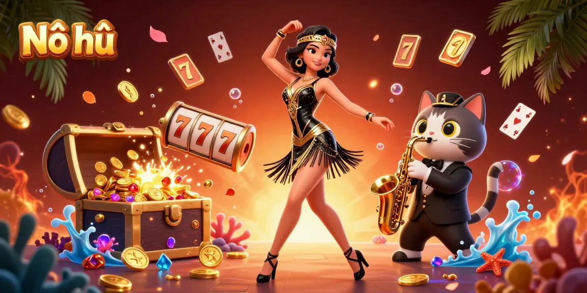 Nổ hũ celebrates wins with vibrant illustration featuring a 3D woman and a cat amidst slot reels and gold coins.