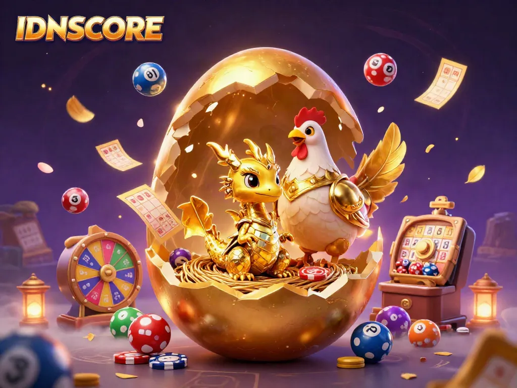 IDNSCORE showcases a vibrant casino scene with a golden dragon and colorful game elements.