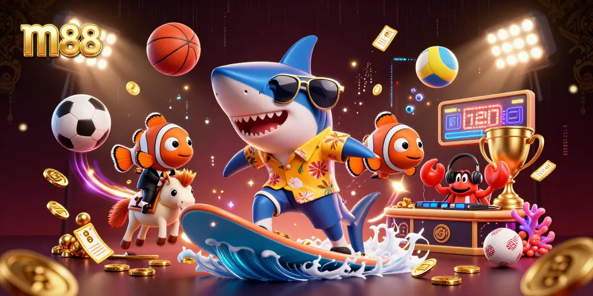 Experience thrilling gaming at m88 with a cartoon shark, seahorse, and DJ crab in a dynamic casino scene.