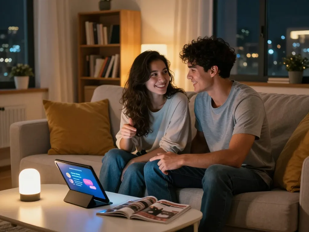 A couple exploring AI sex interactions with a futuristic device in a cozy living room filled with modern decor.