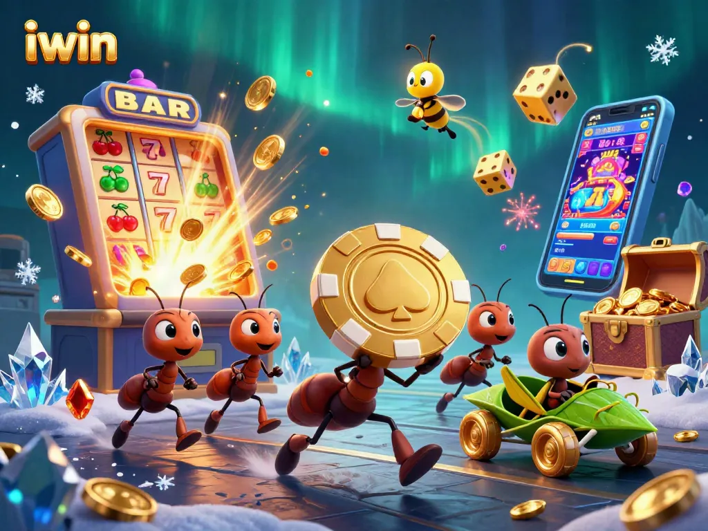 iwin ants heist for a golden poker chip, with vibrant casino elements and fireworks.