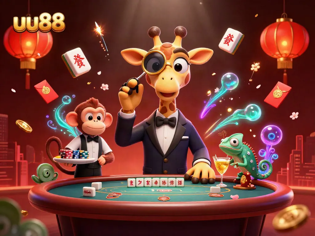 Experience thrills at uu88 with a vibrant casino scene featuring a giraffe, monkey, and chameleon among dynamic gaming elements.