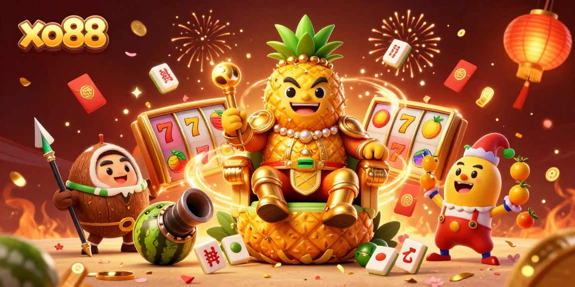 Experience the excitement of xo88's beach casino with a vibrant 3D illustration showcasing a golden pineapple king.