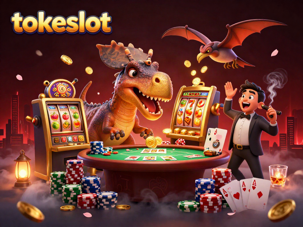 Experience tokeslot excitement as a dinosaur hits the jackpot at a lively casino scene.