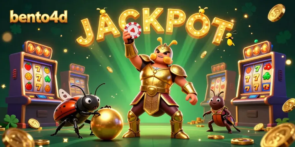 Bento4D showcases a thrilling casino scene with a triumphant beetle and slot machines, celebrating wins in vibrant graphics.