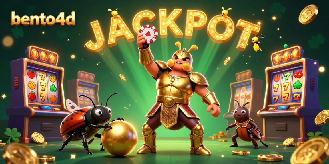 Bento4D showcases a thrilling casino scene with a triumphant beetle and slot machines, celebrating wins in vibrant graphics.