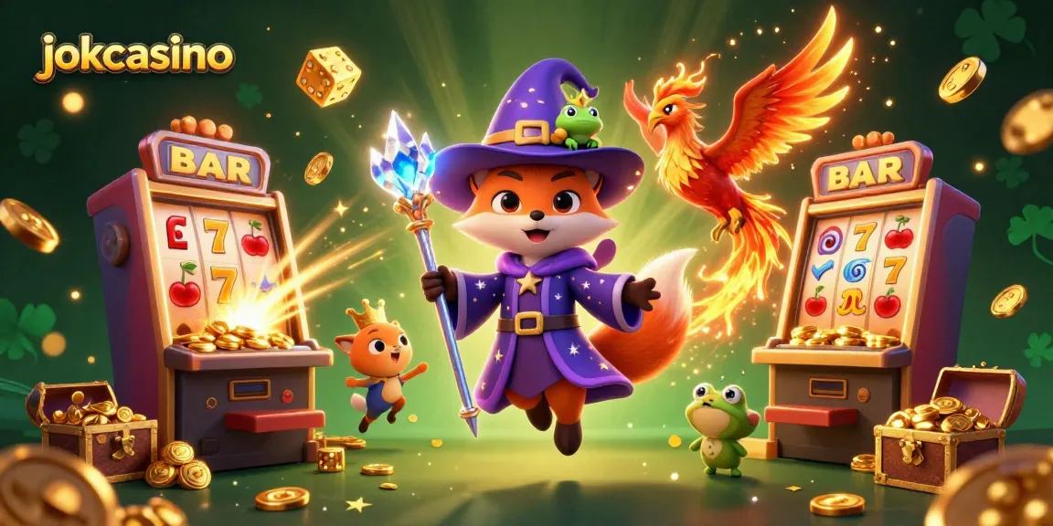 Experience exciting wins with jokacasino's vivid 3D illustration showcasing thrilling slot machines and magical characters.