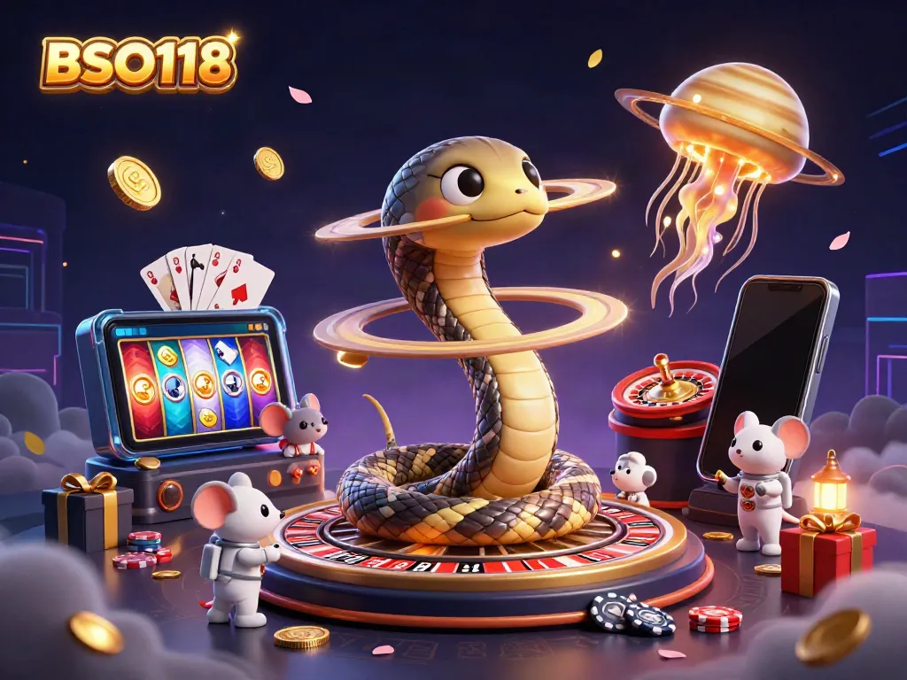 Experience BSO118 with a vibrant cosmic gaming scene featuring a Saturn snake roulette and astronaut mice betting.