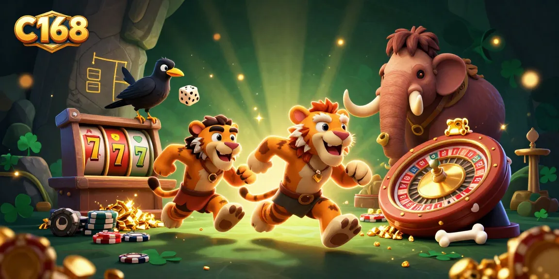 Win big at C168 with a vibrant 3D casino scene featuring unique characters and lively gaming elements.