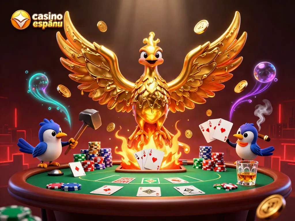 Descripción gráfica de un casino online español con un fénix dorado y juegos de cartas vibrantes.