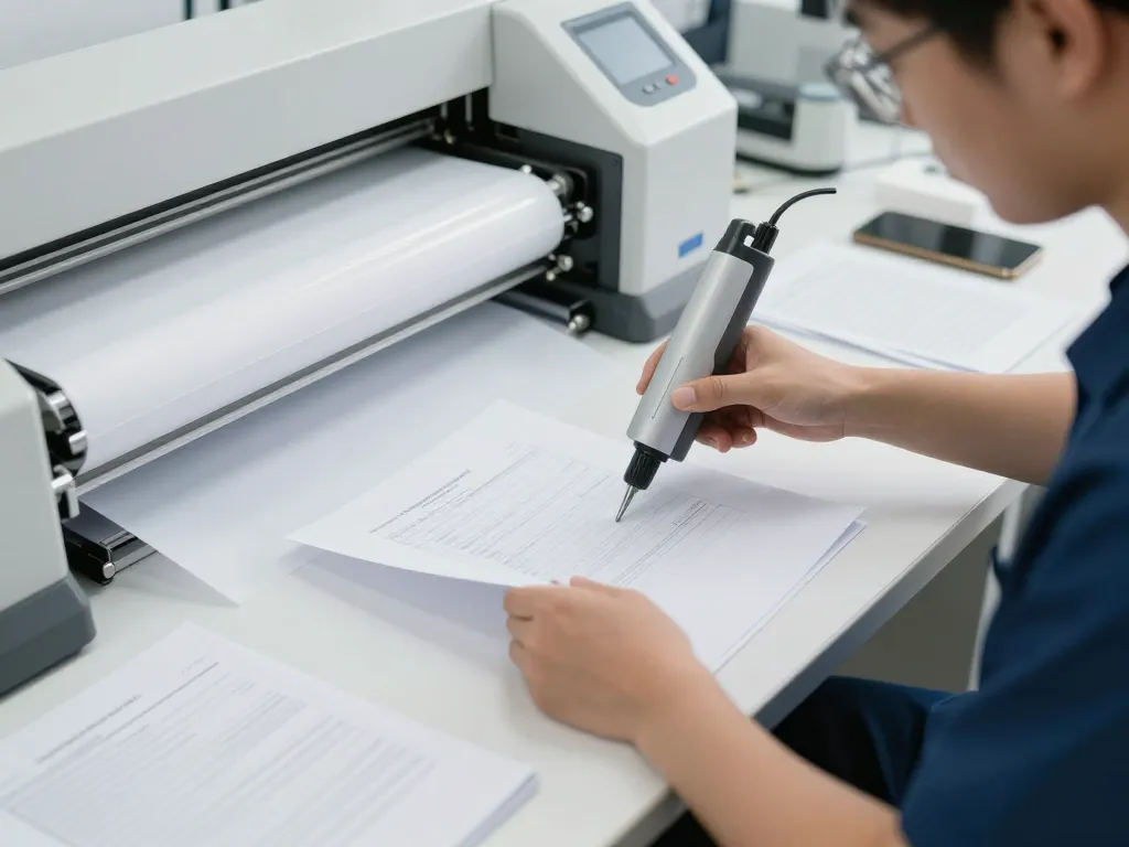 Technician safely bóc plastic from documents using advanced non-force technology in a bright office.