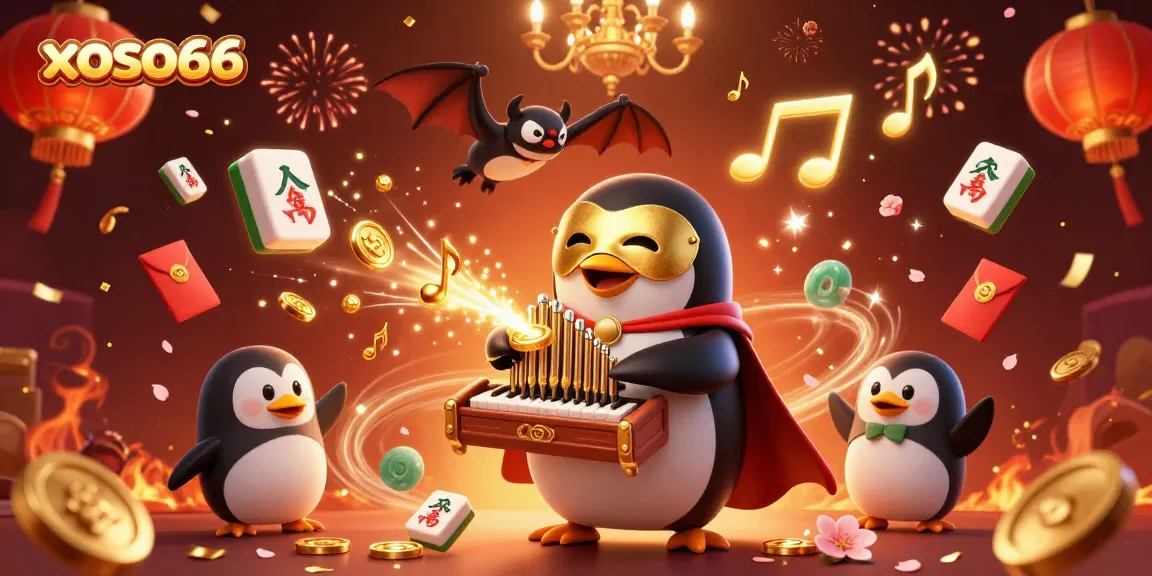 Experience the excitement of xoso66 with a vibrant 3D scene of a penguin organist, celebrating with gold and casino elements.
