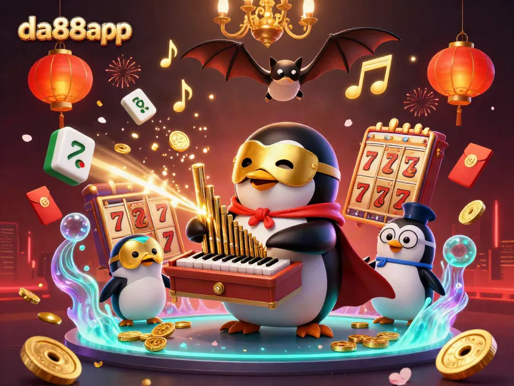 Experience winning moments with da88app as a penguin plays a golden pipe organ surrounded by casino symbols.