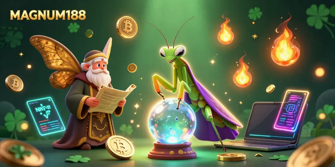 Experience MAGNUM188's enchanting atmosphere with a mystical scene featuring characters and vibrant crypto elements.