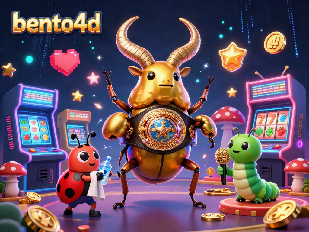 Engage with bento4d through a vibrant scene featuring a golden stag beetle and casino elements.