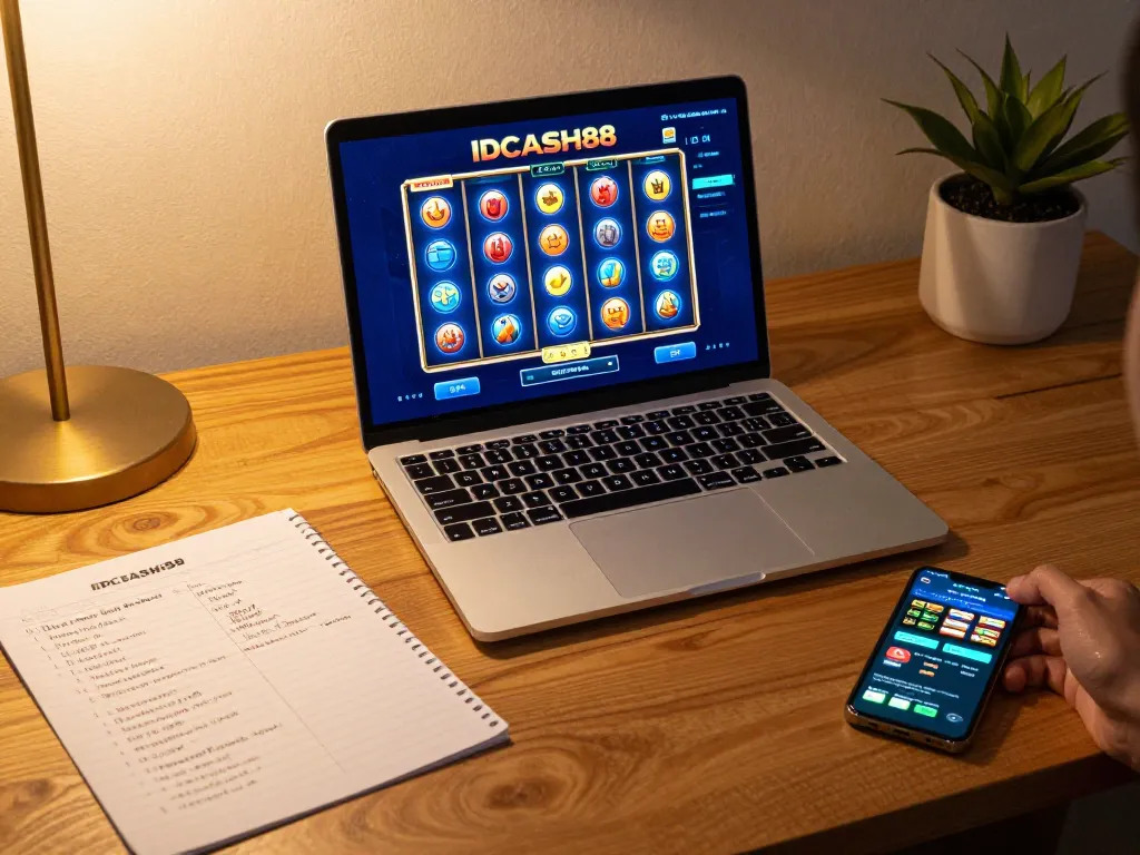 Engaged player exploring IDCASH88 Slot on a laptop, showcasing competitive online gaming setup with strategic notes.