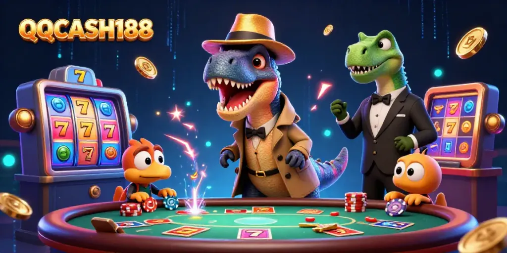 Engage in thrilling gambling action with QQCASH188 as a velociraptor scheming at a blackjack table.