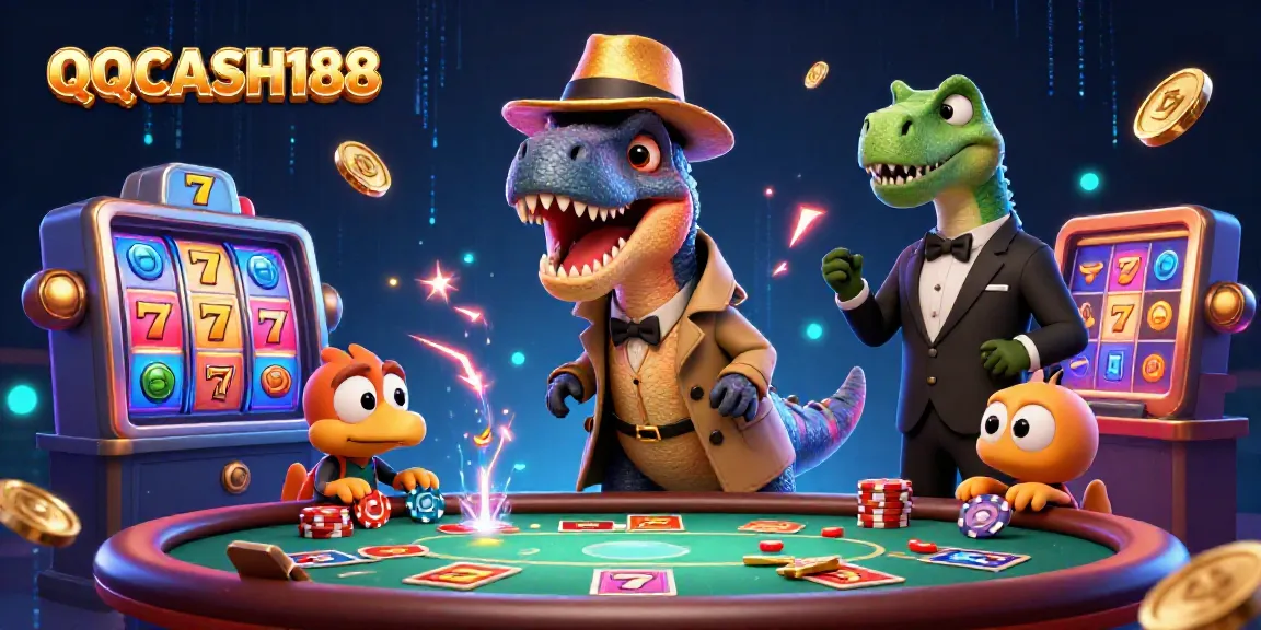 Engage in thrilling gambling action with QQCASH188 as a velociraptor scheming at a blackjack table.