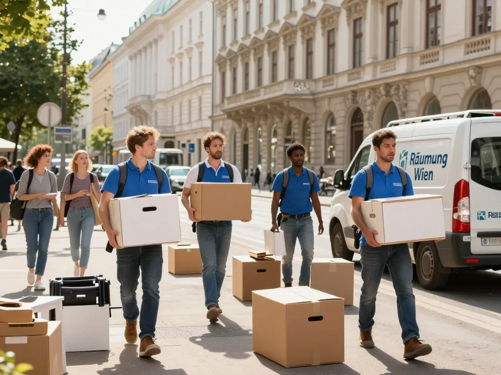 Räumung Wien Team führt eine professionelle Immobilienräumung in Wien durch, zeigt Teamarbeit und verschiedene Personen, die Möbel und Kartons verwalten.