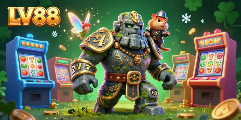 Experience LV88 action with a magical gambling scene featuring a golem and fairy amidst slot machines and coins.
